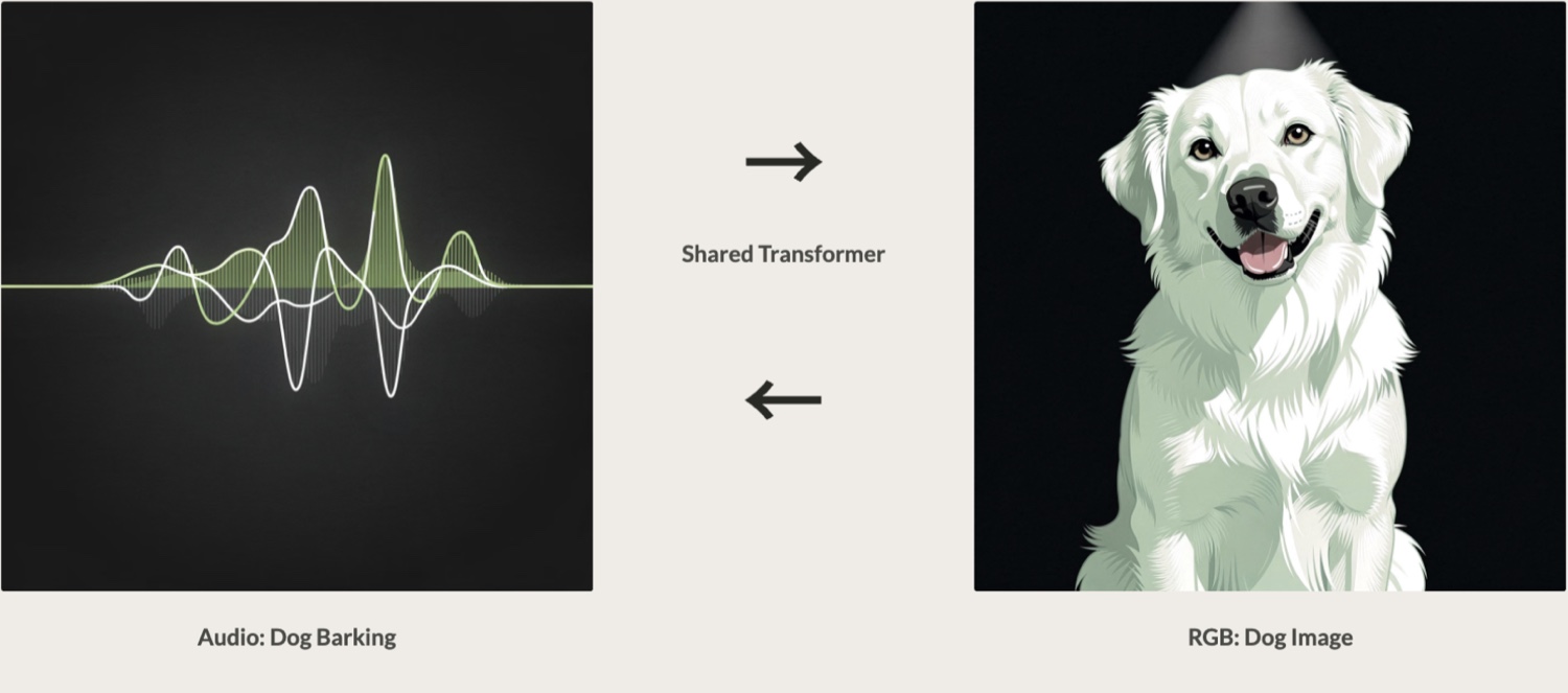 A bidirectional illustration: on the left a stylized audio waveform labelled 'Audio: Dog Barking', on the right an illustrated golden retriever labelled 'RGB: Dog Image', joined by two arrows and the label 'Shared Transformer'.